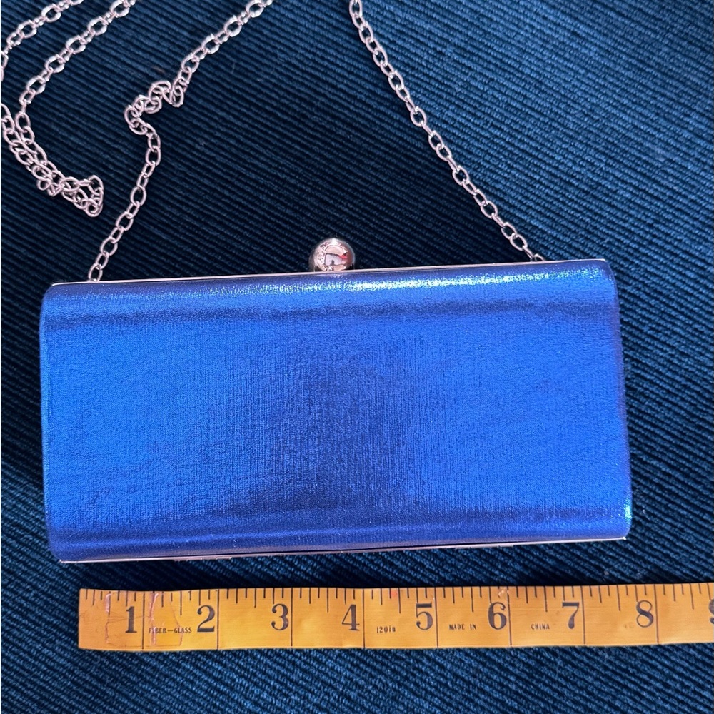 Vibrant Blue Metallic Clutch with Silver Chain